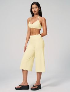 Cream 2 Piece Yoga Set Deep V Neck <b>Halter</b> Crop <b>Top</b> High Waist Wide Leg Calf-Length Pants Breathable Spandex Nylon Seamless - Product Image 4
