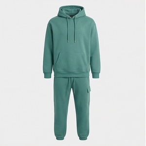 Ensemble de survêtement unisexe vert à capuche, couleur unie, en coton, sweat-shirt décontracté et pantalon de jogging, longueur intégrale, avec cordon de serrage et poches, pour l'automne - Product Image 1
