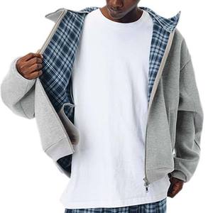 Fabricants de sweats à capuche réversibles à double fermeture éclair, style streetwear, à carreaux, coupe ample et courte pour hommes - Product Image 1