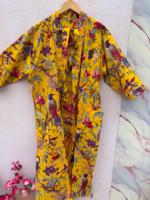 Bata de casa de algodón puro con estampado indio, kimono de verano, pareo de playa/ropa cómoda para embarazadas |   Leopa con Rayas Rosa y Amarillo Mostaza Fresco