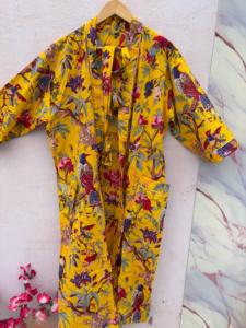 Bata de casa de algodón puro con estampado indio, kimono de verano, pareo de playa/ropa cómoda para embarazadas |   Leopa con Rayas Rosa y Amarillo Mostaza Fresco - Product Image 2