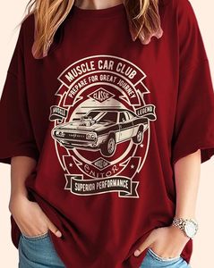 T-shirt pour femme Muscle Car Club, imprimé classique Legend, col rond, coupe ample, décontracté, manches courtes, rouge, jersey 100% coton - Product Image 4