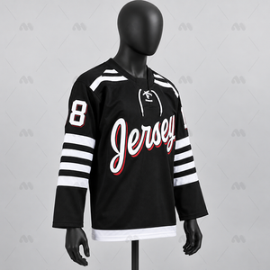 Camiseta de Hockey sobre Hielo Negra Personalizada con Rayas Blancas y Letras Rojas, Corta, Transpirable, de Poliéster que Absorbe la Humedad, Ropa de Verano para Hombre - Product Image 6