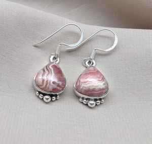 Boucles d'oreilles pendantes en rhodochrosite rose en forme de goutte d'eau, argent sterling 925, certifiées IGI, bijoux bohèmes pour mariage et soirée - Product Image 3