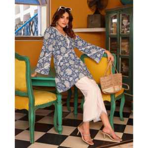Ensemble Kurta Vintage en Crêpe Floral Azure 100% Coton, Manches Trois Quarts, Tenue Ethnique de Créateur pour Fête et Cérémonie, pour Femme, Taille XS - Product Image 6