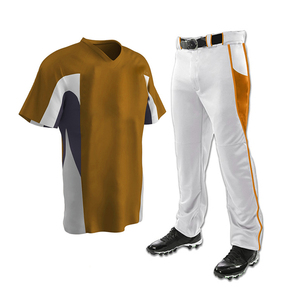 Uniforme de Béisbol Personalizado para Hombre, Camiseta Dorada con Cuello en V, Pantalones Blancos con Franja Naranja, Poliéster Sublimado, para Todas las Temporadas - Product Image 1