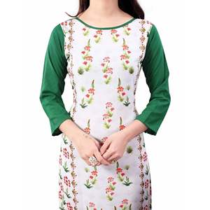 <b>White</b>-Green Digital Floral Printed Crepe Ready-Made Kurti for <b>Women</b> Size XS - Product Image 2