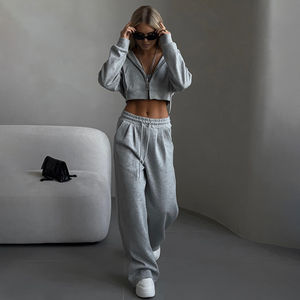 ชุดลำลองผู้หญิงสไตล์โยคะสำหรับฤดูใบไม้ร่วง สีพื้น เสื้อคลุมมีฮู้ดเอวสั้น กางเกงขายาวผูกเชือก ผ้าโพลีเอสเตอร์ระบายอากาศได้ดี - Product Image 6