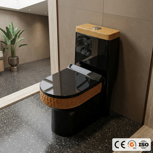 โถสุขภัณฑ์แบบชิ้นเดียวทันสมัยพร้อมดีเทลไม้สีดำ ระบบชำระล้างแบบ Washdown รูปทรงยาว - Product Image 2