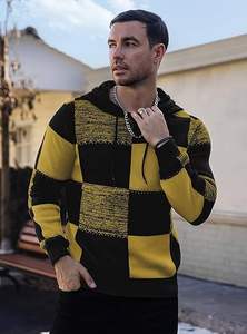 Sweat à capuche pour homme brodé à motif damier color-block, tricot gaufré texturé, 100 % coton, coupe oversize - Product Image 2