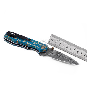 Cuchillo Plegable DIY OEM de Acero de Damasco de 18.5cm con Hoja de Punta Caída, Mango de Micarta con Huella Dactilar, Bloqueo Liner Lock, Cuchillo EDC para Camping, Funda de Cuero - Product Image 6