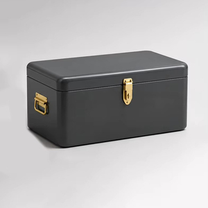 Vibrant Red <b>Metal</b> Rectangle <b>Trunk</b> Showcases Gleaming Gold Hardware And Side Handles For Sleek, Modern Home <b>Storage</b> Aesthetics - Product Image 2