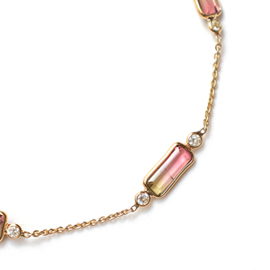 Natural Bicolor Watermelon Tourmaline and Diamond Station <b>Bracelet</b> in Solid 18K Yellow Gold – Emerald Cut <b>Gemstone</b> Link Chain - Product Image 2