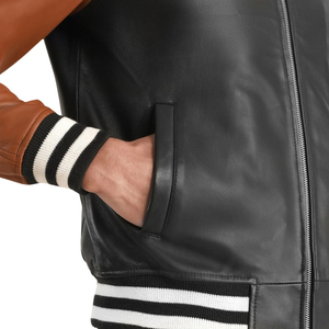 Veste bomber en cuir véritable noir et marron pour homme, col rabattu, fermeture éclair, style varsity - Product Image 6