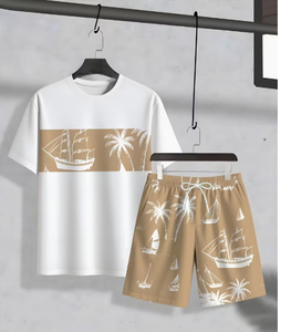T-shirt d'été pour homme, blanc, imprimé voilier et palmiers, col rond, décontracté, respirant, tricoté, 100% coton, impression numérique, logo frontal - Product Image 1