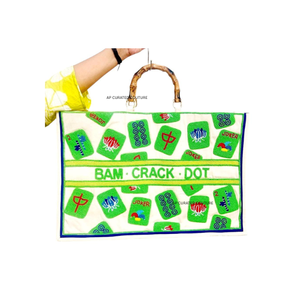 Bolso tote de lona bordado con puntos de bambú y diseño de fichas de mahjong, asa de bambú, bolsos tote personalizados con cuentas, bolsos para mahjong - Product Image 1