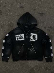 Custom Oversized Full Zip Hoodie Premium Heavyweight Cotton Graphic Patchwork Stud Detail Streetwear Jacket Urban Fashion Hoodie - Product Image 1