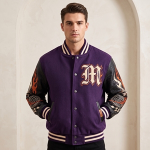 <b>Men</b> <b>Purple</b> Letterman Jacket Black Leather Sleeves Wool Body Embroidered Graphic Snap Front Rib Collar Custom Streetwear - Product Image 2