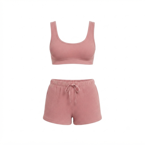 Ensemble soutien-gorge de sport côtelé pour femme, rose, maintien moyen, vêtements de yoga, couleur unie, respirant, en spandex et coton - Product Image 4