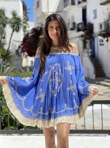 ชุดเดรสลำลองสไตล์โบฮีเมียนสำหรับผู้หญิงเดรสสั้นแขนบานพร้อมลูกไม้ปักลายเซ็กซี่ชุดทำงานสำหรับเด็กผู้หญิง - Product Image 3