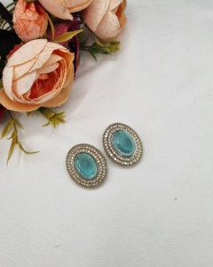 Designer Oval Stone <b>Crystal</b> <b>Stud</b> <b>Earrings</b> Ethnic Antique Gold Plated Fashion Indo Western Party Wear Jewelry For Women Wholesale - Product Image 1