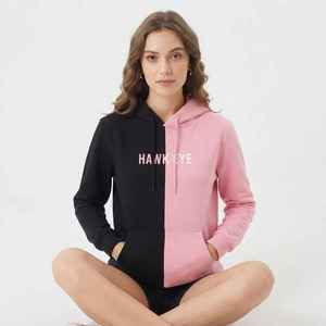 Sudadera con Capucha para Mujer, Diseño Asimétrico en Bloques de Color Rosa y Negro, Sudadera de Algodón con Logotipo Frontal, Ropa Casual de Otoño - Product Image 5