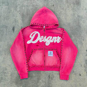 **Custom Women’s Vintage Wash Rhinestone Zip Hoodie Cropped Streetwear Jacket Distressed Hem Studded Graphic Hoodie OEM Hoodies - Product Image 1