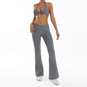 Women's Grey 2-Piece Yoga Set Halter Twist Sports Bra High Waist <b>Flare</b> <b>Leggings</b> Spandex Front Breathable Seamless Fitness - Product Image 1