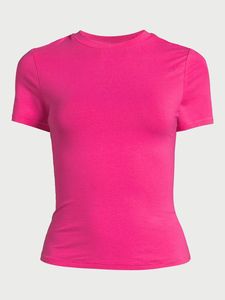 เสื้อยืดผู้หญิงสีชมพูสดใส ทรงเข้ารูป เนื้อผ้านุ่ม แขนสั้น คอกลม ผ้าถัก สไตล์ลำลอง เหมาะสำหรับฤดูร้อน พร้อมลายปักและแพทช์ - Product Image 3