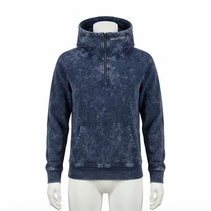 <b>Women's</b> Navy <b>Blue</b> Acid Wash Hoodie Half Zip Pullover <b>Fleece</b> Sweatshirt Casual Streetwear - Product Image 3