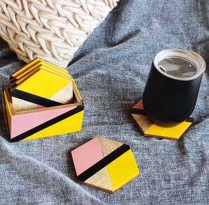 Modern Hexagon Wooden Coasters Set Yellow Pink Black <b>Non</b> <b>Slip</b> <b>Mats</b> 6mm Thickness - Product Image 1