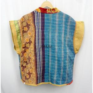 Ladies Vintage Kantha Handwork Luxury Premium Quality Quilted <b>Jacket</b> <b>Short</b> <b>Sleeve</b> V-neck Belt Closure 100% Cotton Fabric - Product Image 6