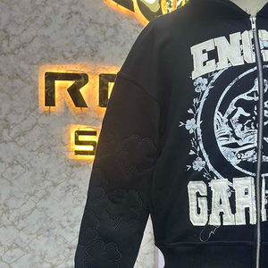 Fresh Material Trending Design Zipper Distressed Hoodie <b>Rhinestone</b> Zip up <b>Jacket</b> Acid Wash Men Fleece Streetwear Hoodie - Product Image 4