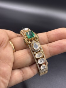 <b>Silver</b> Gold Plated Classic Doublet <b>Cuff</b> CZ Polki Cut Green Bezel Set Geometric Design Women's Bridal Wedding Everyday Wear - Product Image 2