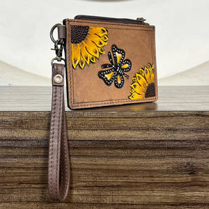 Vintage Style Tooled Genuine Leather <b>Slim</b> <b>Card</b> Holder <b>Wallet</b> Trending Sunflower & Butterfly Design Credit <b>Card</b> Holder Clutches - Product Image 2