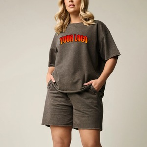 High Quality Summer Sublimation Shorts <b>Set</b> French Terry Acid Wash Sportswear Oversized High Waist Pants 2PCS Women Joggers Suit - Product Image 4