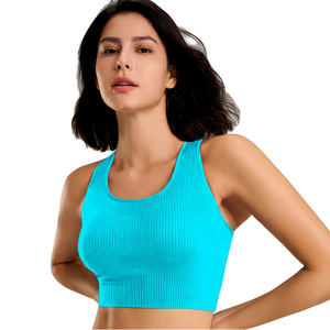 Soutien-gorge de sport côtelé noir à maintien élevé pour femme, haut court, vêtements de yoga et de fitness - Product Image 3