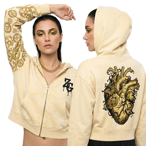 Women <b>Cropped</b> <b>Zip</b> <b>Up</b> Hoodie Custom Steampunk Mechanical Heart Graphic Pale Yellow Acid Wash Gear Sleeve Print Fashion Factory - Product Image 1