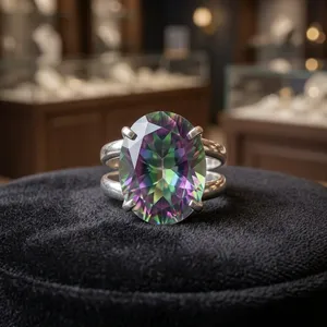 Anillo llamativo de plata de ley 925 con topacio místico arcoíris engastado en punta para mujer - Product Image 5