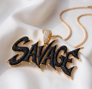 Pendentif Hip Hop SAVAGE plaqué or 24 carats avec lettre en diamant noir, collier Iced Out pour hommes - Product Image 4