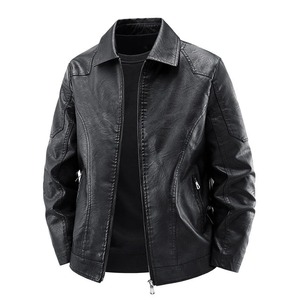 Veste en cuir pour homme, style moto, col rabattu, fermeture éclair, couleur noire unie, doublure en satin, style automne, haute qualité - Product Image 3