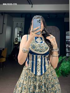 Best Quality Viscose Chanderi with Printed & Mirror Border Full-Flared Lehenga-<b>Corset</b> Style Readymade Blouse Pair Woman Fashion - Product Image 6