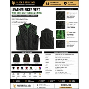 Custom Breathable Waterproof Winter Leather Biker Vest <b>Green</b> Stitching Premium Motorcycle Vest <b>Mens</b> Quilted <b>Waistcoat</b> OEM ODM - Product Image 5