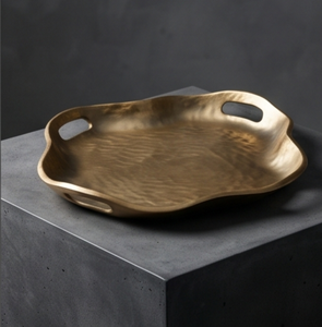 Plateau de service rond en métal doré festonné sur mesure avec poignée et texture alvéolée – Vaisselle élégante pour la vente en gros - Product Image 2