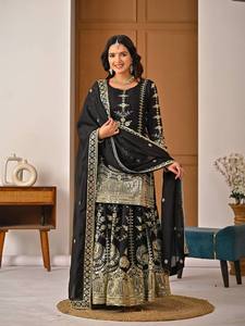 Conjunto de Vestido Tradicional Indio-Pakistaní de Seda Negra Bordada para Mujer con Dupatta para Bodas - Product Image 2
