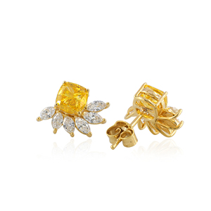 Boucles d'oreilles clous florales en or massif 14 carats avec diamant jaune de 2,78 carats cultivé en laboratoire, certifié IGI, taille hexagonale, bijoux de luxe - Product Image 2