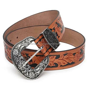 Ceintures en cuir marron gaufré de 40 mm pour hommes, fabriquées en Inde, avec boucle anti-nickel, ceintures et accessoires de cowboy en cuir travaillé. - Product Image 3