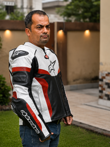 Blouson en cuir pour homme, style motard, coloris blanc, noir et rouge, fermeture éclair, respirant - Product Image 1
