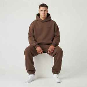 Ensemble de survêtement marron à capuche pour homme, couleur unie, coupe décontractée, pantalon long en coton avec poche avant - Product Image 4