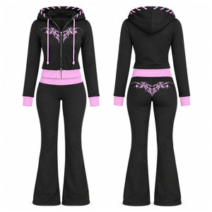 Ensemble de survêtement à capuche noir et rose pour femme, manches longues, fermeture éclair sur le devant, imprimé, tenue décontractée, vêtements d'automne - Product Image 1